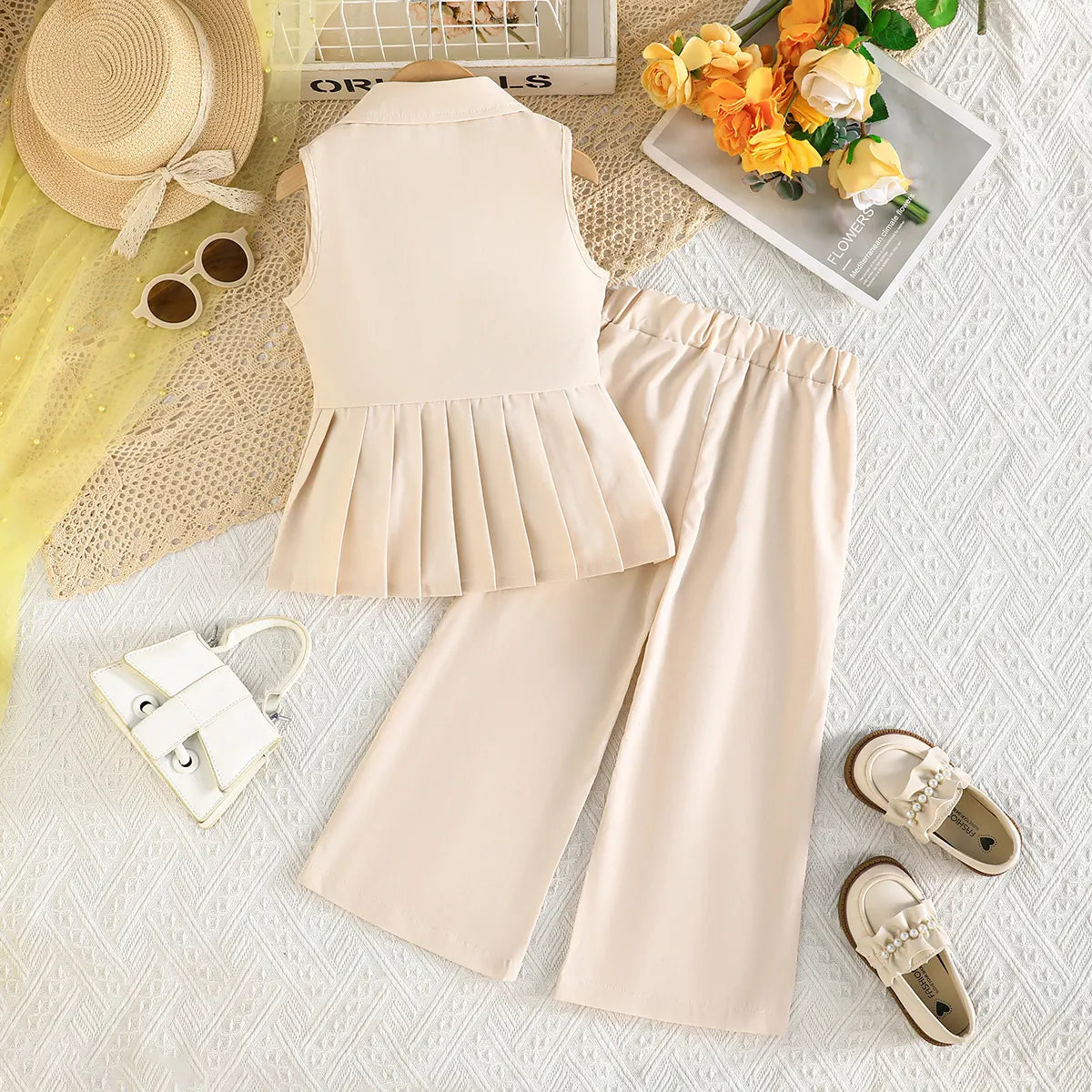 Girls Beige Sleeveless Blazer Top With Wide Leg Pants Co-ord Sets Sets
