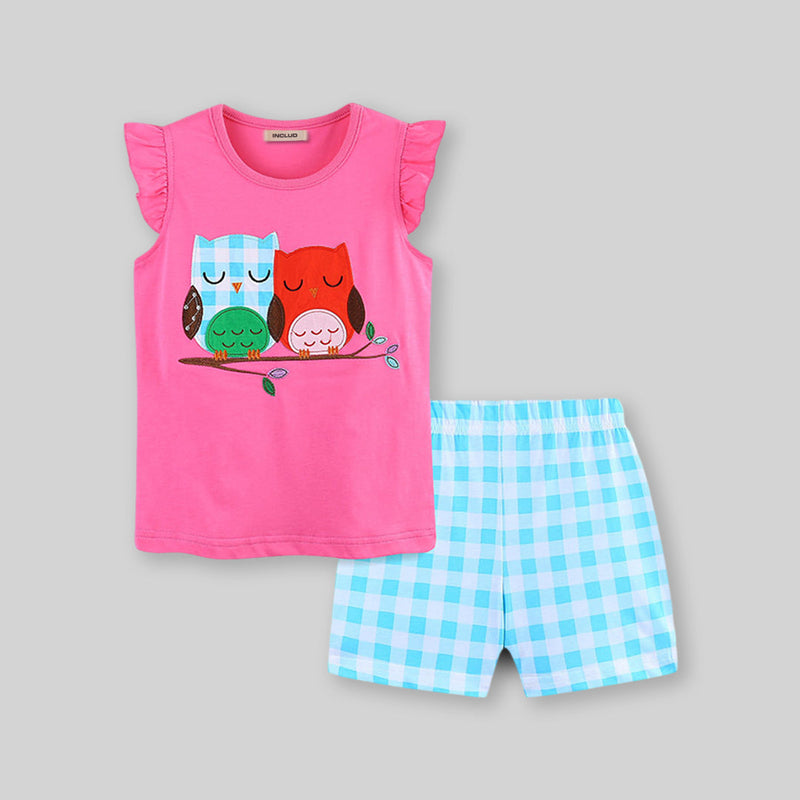 Girls Owl Patchwork Top with Checkered Shorts Set Sets   