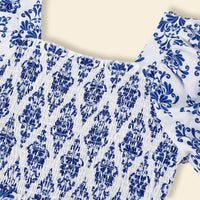 Girls Blue Damask Print Smocked Fit & Flare Dress Casual Dresses