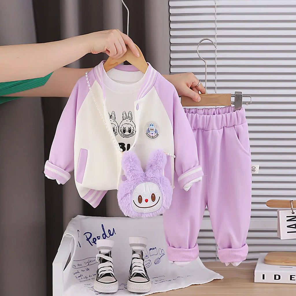 Girls Purple Graphics Printed Varsity Jacket With T-Shirt & Jogger & Sling Bag Sets Sets Purple 1-2 Y
