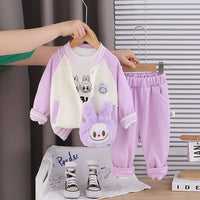 Girls Purple Graphics Printed Varsity Jacket With T-Shirt & Jogger & Sling Bag Sets Sets Purple 1-2 Y