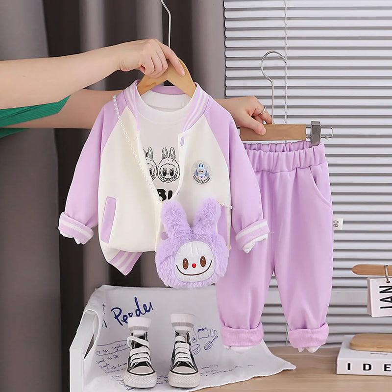 Girls Purple Graphics Printed Varsity Jacket With T-Shirt & Jogger & Sling Bag Sets Sets Purple 1-2 Y