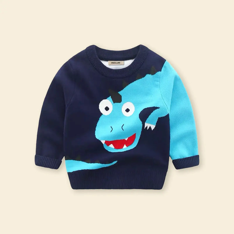 Boys Navy Blue Self-Design Long TAil Dinosaur Pattern Knitted Sweater Sweaters & Cardigans