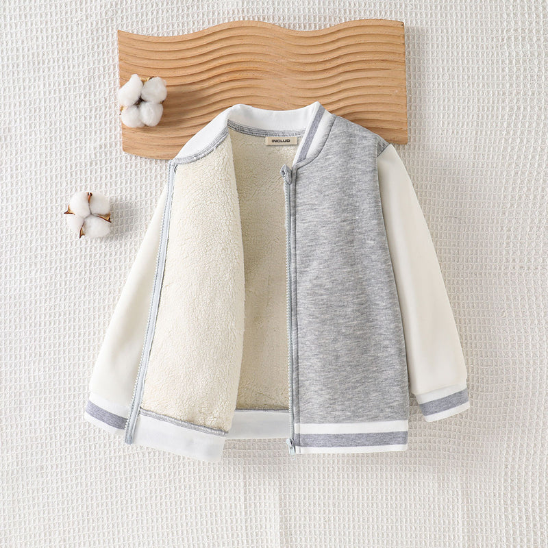 Boys Grey Solid Varsity Winter Jacket Coats & Jackets Grey 3-4 Y