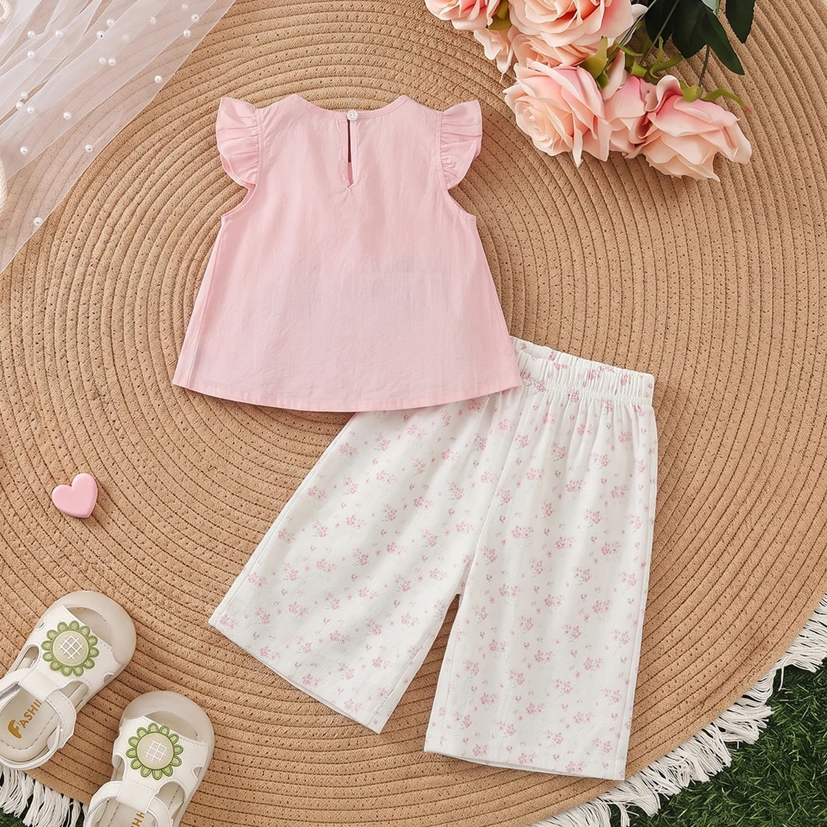 Girls Pink Flutter Sleeve Top With Floral Print Capri Sets 2 pc. Sets