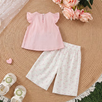 Girls Pink Flutter Sleeve Top With Floral Print Capri Sets 2 pc. Sets