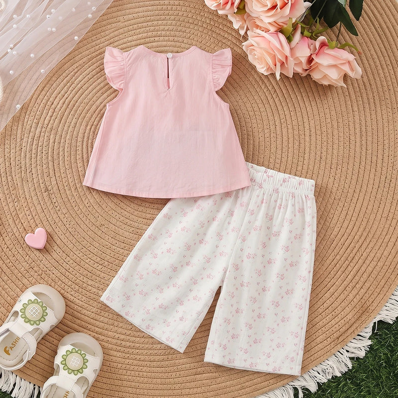 Girls Pink Flutter Sleeve Top With Floral Print Capri Sets 2 pc. Sets