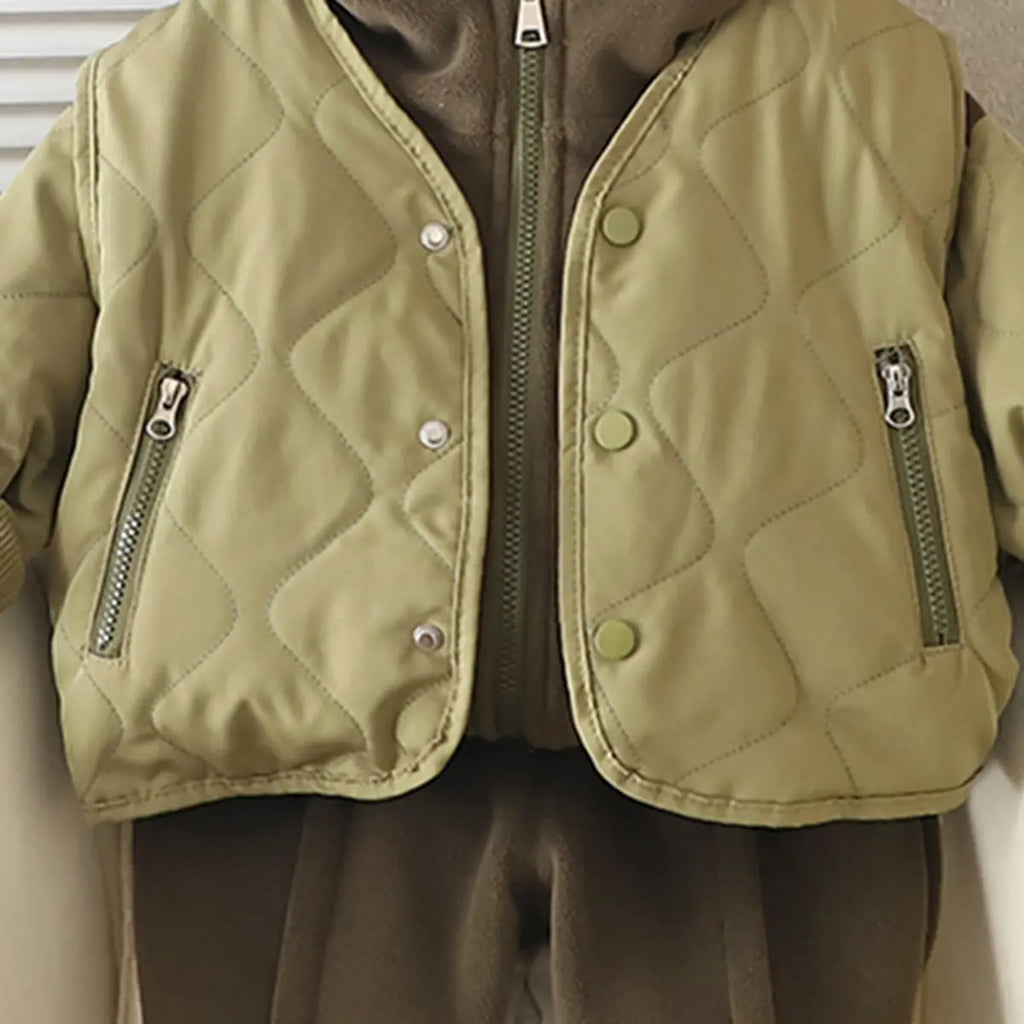 Boys Green Self-Design Sleeveless Jacket With Sweatshirt & Pants Sets 3 pc. Sets