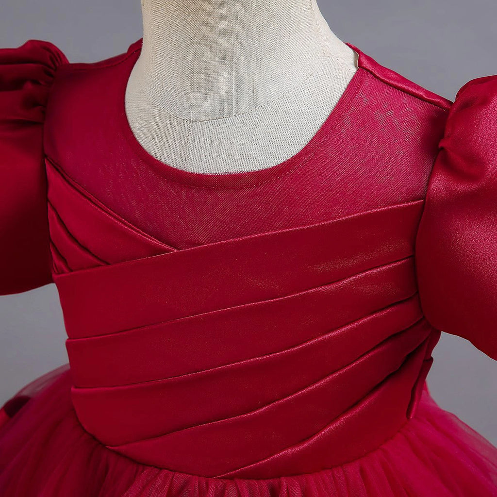 Girls Red Puff Sleeve Ruffle Layered Party Wear Dress Party Dresses