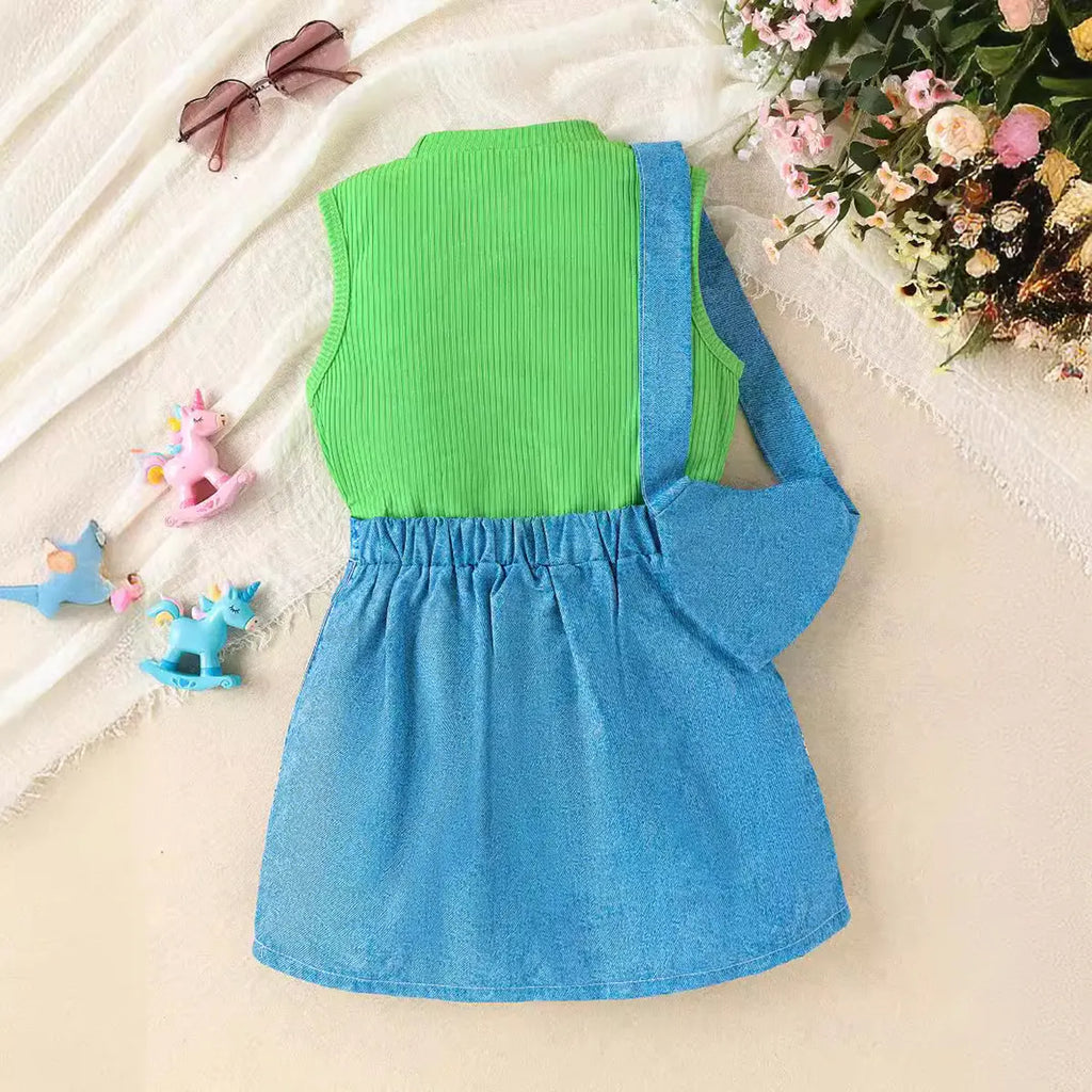 Girls Green Ribbed Sleeveless Top With Denim Skirt Sets 2 pc. Sets