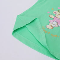 Girls Green Teddy Bear Graphics Puff Sleeve Top With Printed Shorts Sets Sets