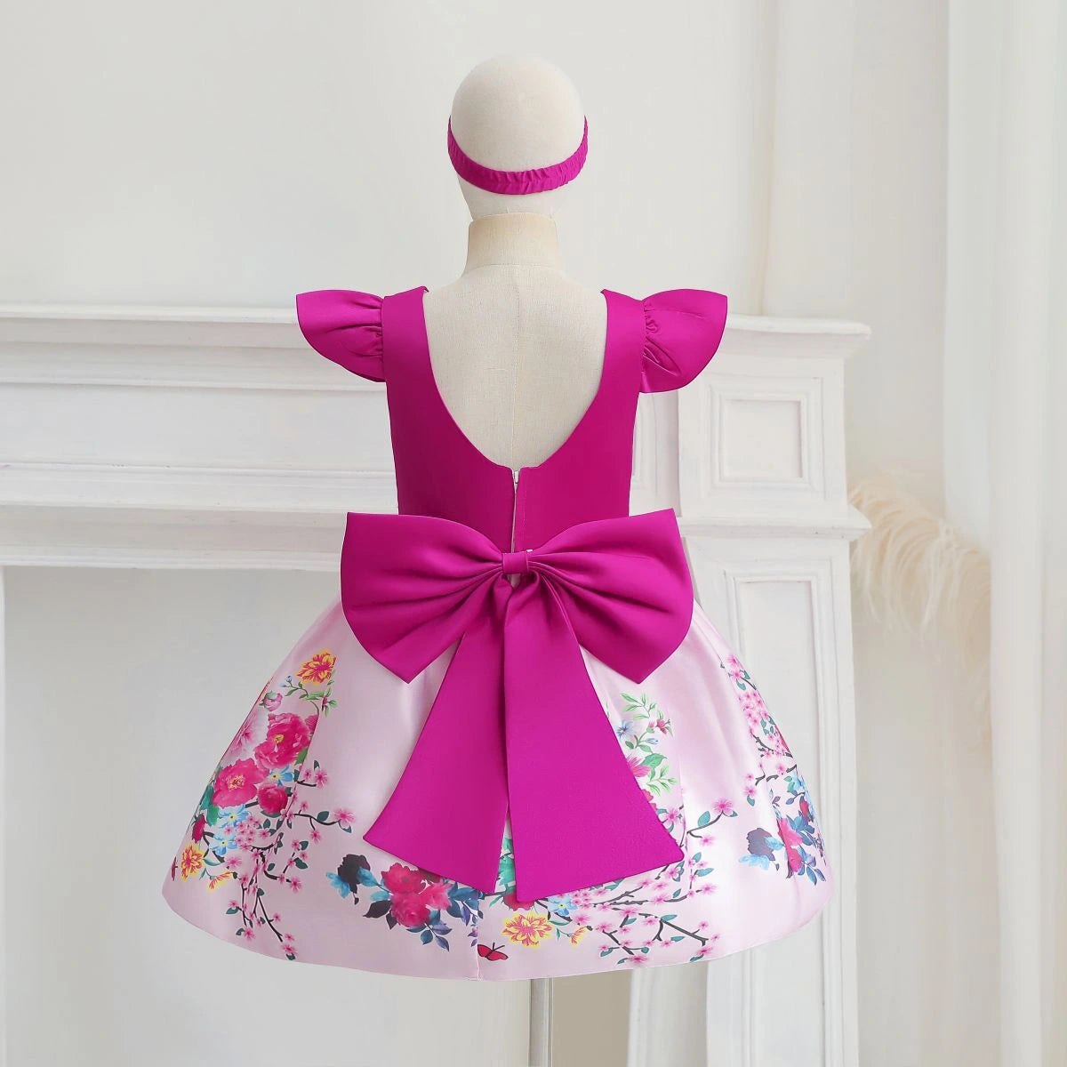 Girls Fuchsia Floral Print Flutter Sleeve Fit & Flare Party Wear Dress Party Dresses