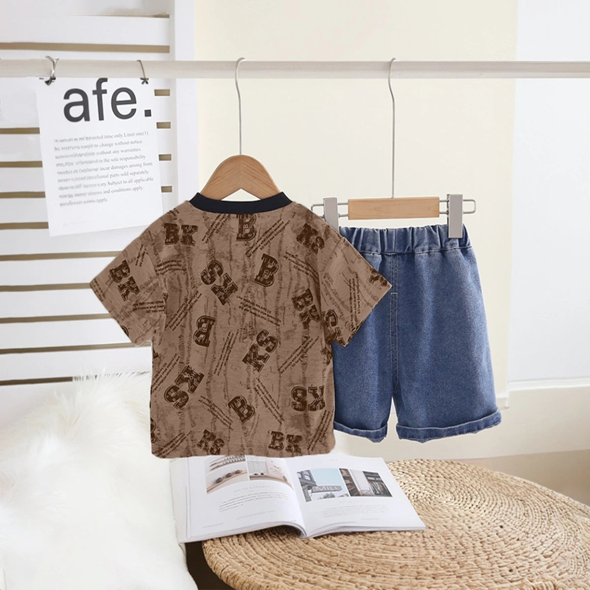 Boys Brown Typographic Print T-Shirt With Denim Shorts Set Sets