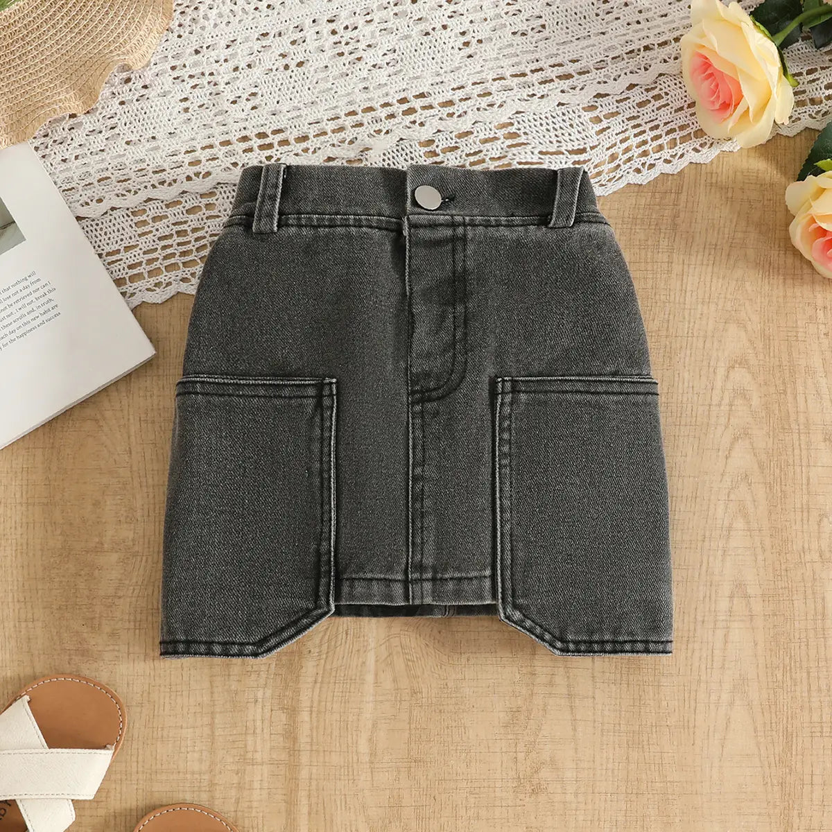 Girls White 3D Flower Applique Sleeveless Top With Denim Skirt Sets Sets