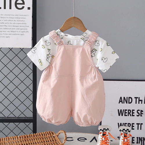 Girls Pink Duck Applique Dungaree With Printed T-Shirt Set Sets