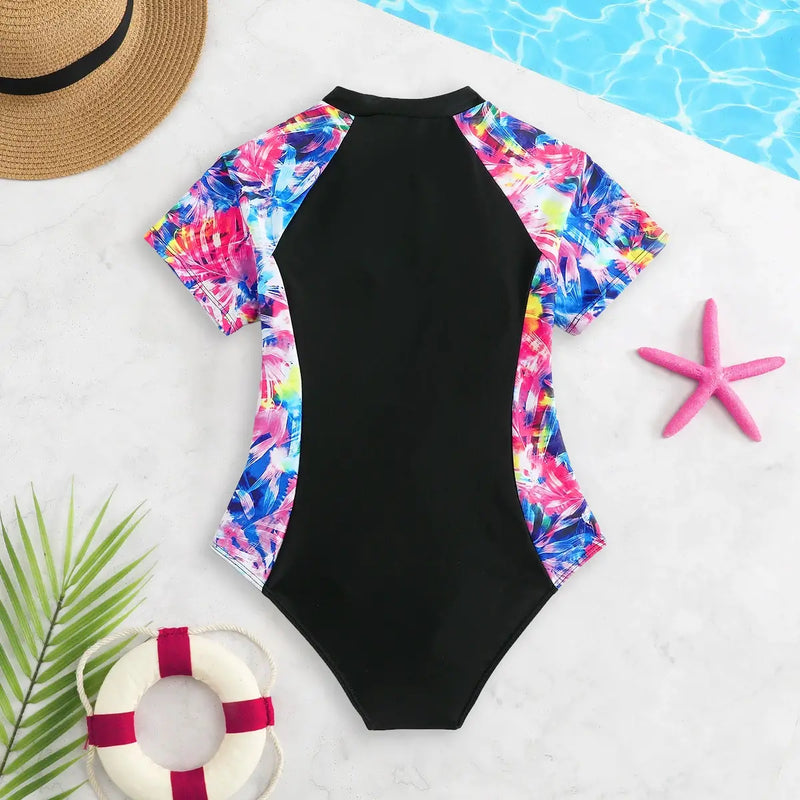 Girls Black Abstract Printed Swimwear Bodysuit Beachwear