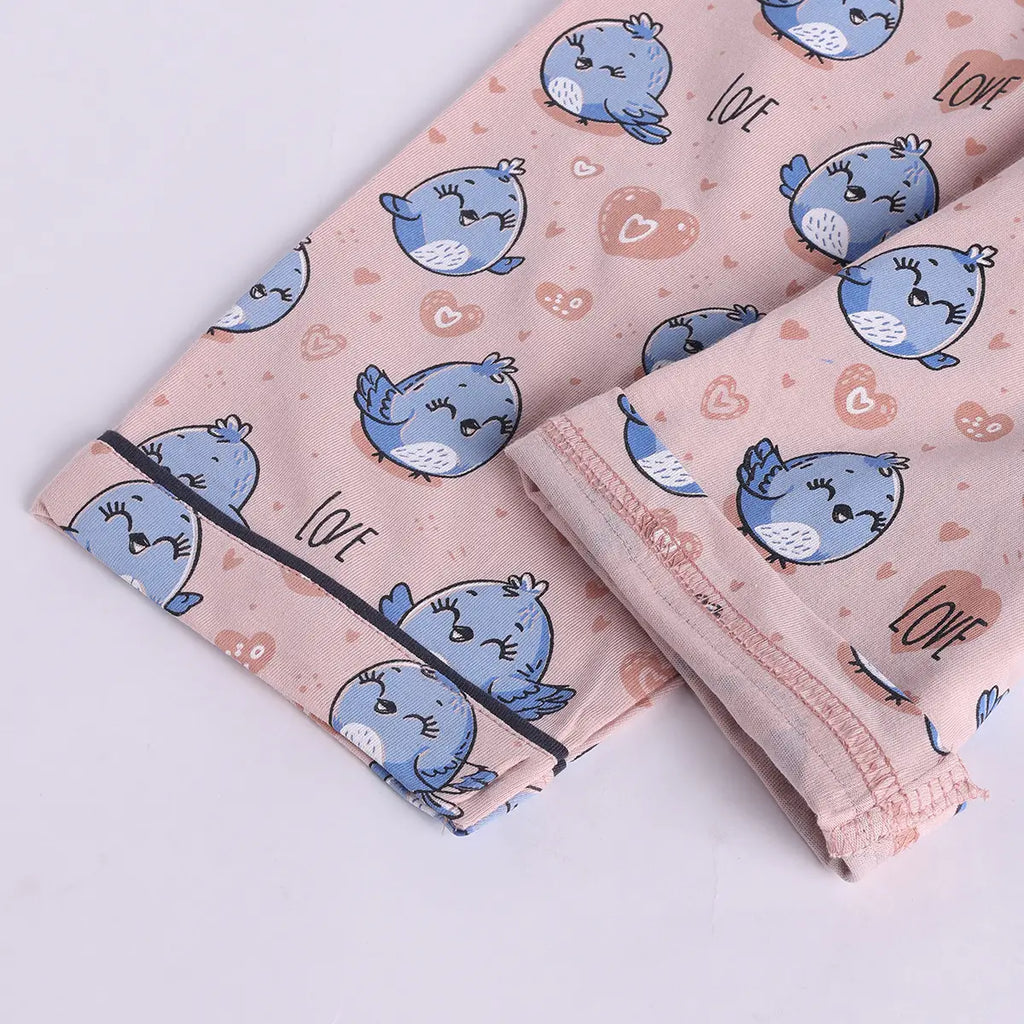 Girls Peach Bird Print Short Sleeve Shirt With Elasticated Pants Sets Sets