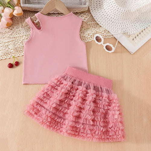 Girls Pink Cherry Print Sleeveless Top With Ruffled Tulle Skirt Sets Sets
