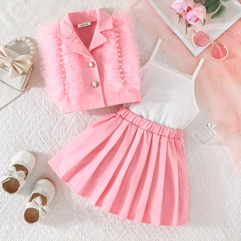 Girls Pink Embellished Ruffled Blazer Vest With Pleated Skirt & Camisole Top Sets Sets Pink 2-3 Y