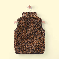 Girls Brown Fleece Leopard Print Sleeveless Jacket Coats & Jackets