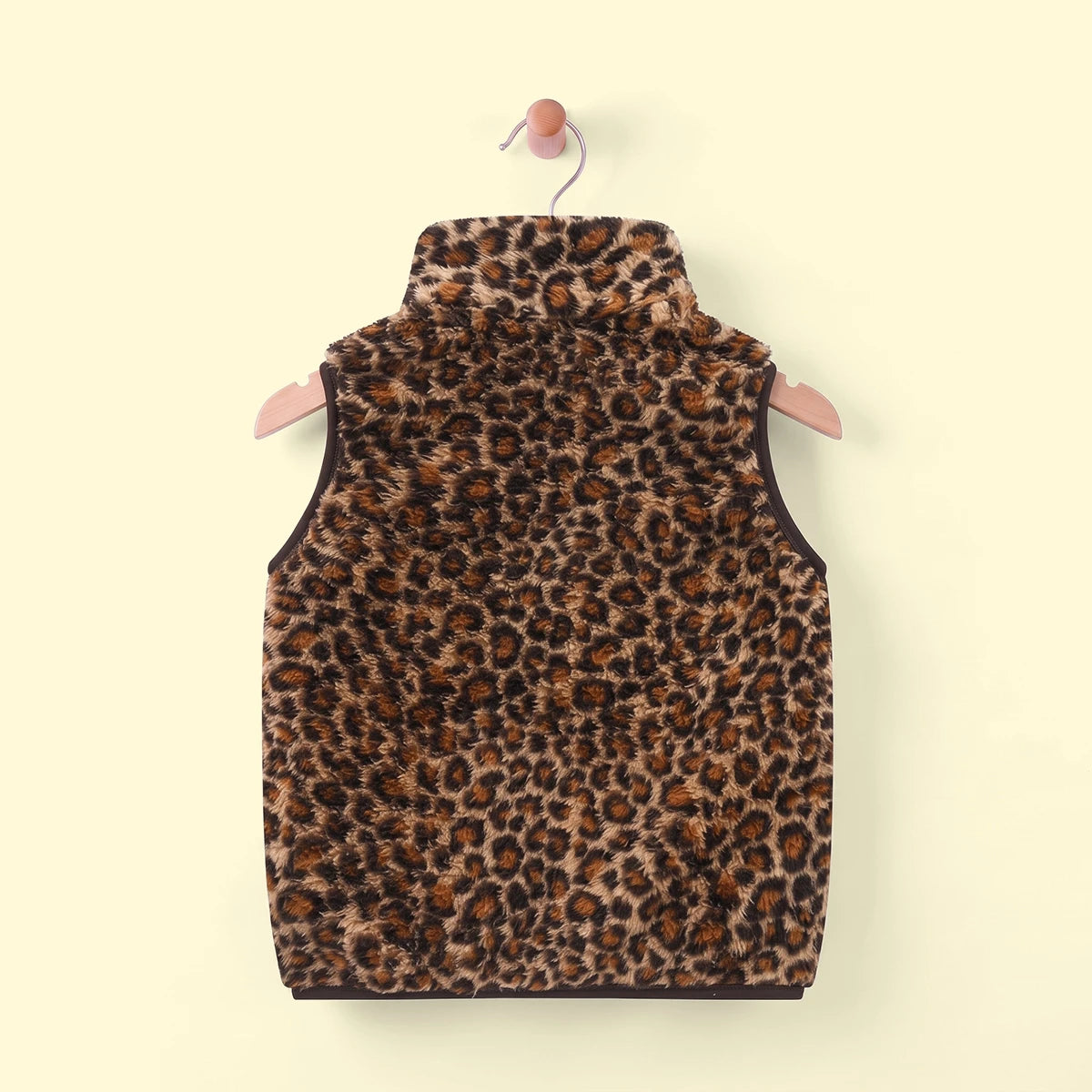 Girls Brown Fleece Leopard Print Sleeveless Jacket Coats & Jackets