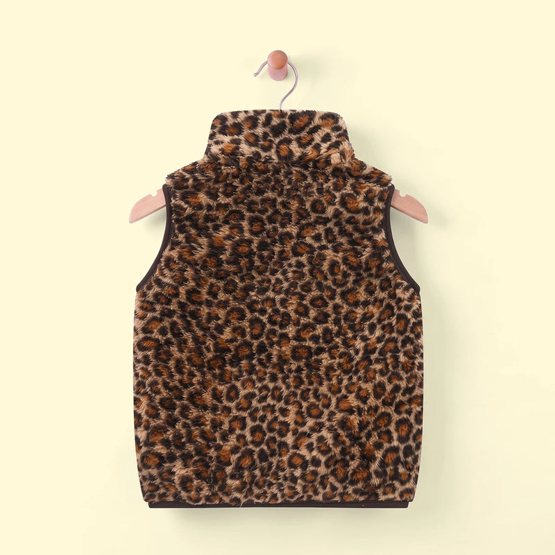 Girls Brown Fleece Leopard Print Sleeveless Jacket Coats & Jackets