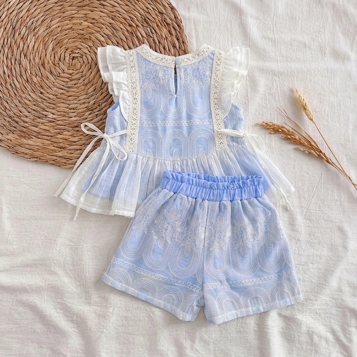 Girls Light Blue Flutter Sleeve Self-Design Top With Shorts Sets 2 pc. Sets
