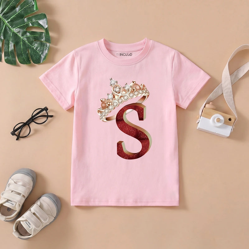 Girls Pink Crown Graphic Print Short Sleeve T-Shirt Tshirts Pink 1-2 Y