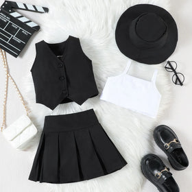 Girls Black V-Neck Top With Cami Top And Skirt Sets 3 pc. Sets Black 1-2 Y