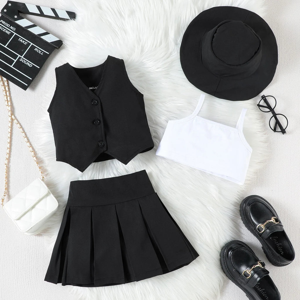 Girls Black V-Neck Top With Cami Top And Skirt Sets 3 pc. Sets Black 1-2 Y