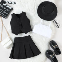 Girls Black V-Neck Top With Cami Top And Skirt Sets 3 pc. Sets Black 1-2 Y