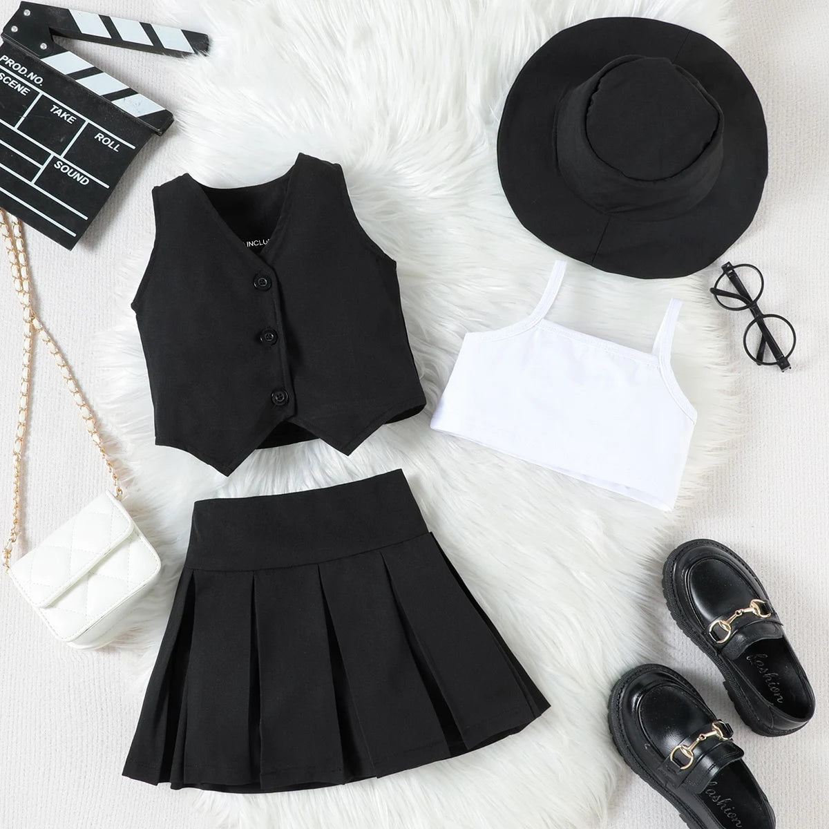 Girls Black V-Neck Top With Cami Top And Skirt Sets 3 pc. Sets Black 1-2 Y