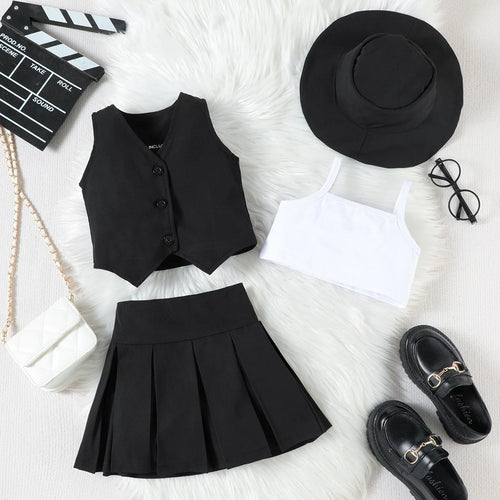 Girls Black V-Neck Top With Cami Top And Skirt Sets 3 pc. Sets Black 1-2 Y