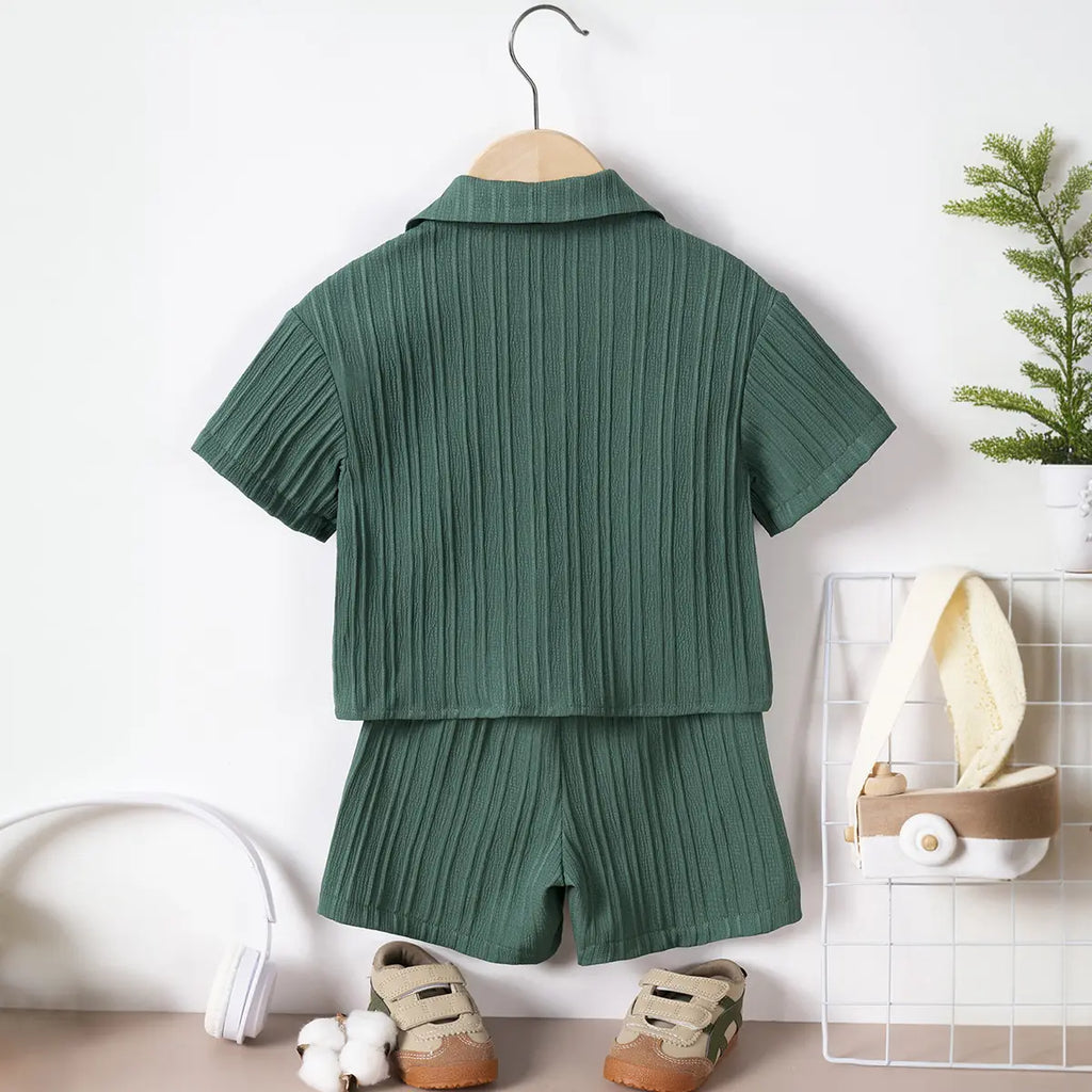 Boys Green Stripe Short Sleeves Shirt With Shorts Co-ord Sets Sets