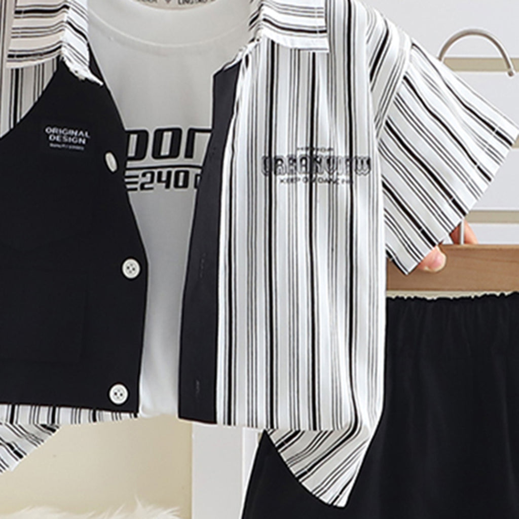 Boys Black Striped Short Sleeves Shirt With T-Shirt And Shorts Set Sets
