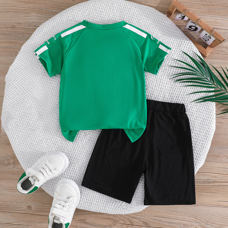 Boys Green Striped Raglan Sleeves T-Shirt With Shorts Set 2 pc. Sets