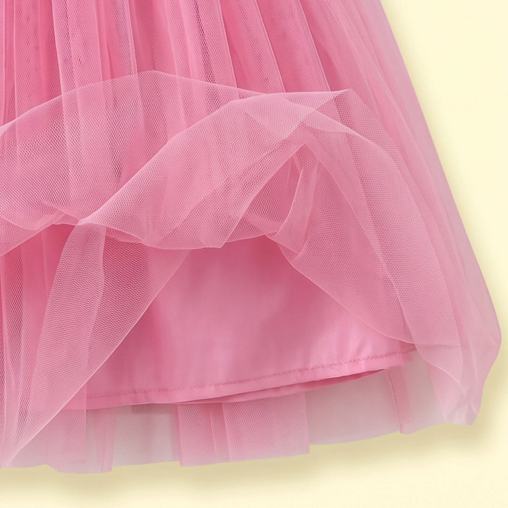 Girls pink sleeveless party gown with floral applique and tulle