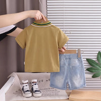 Boys Tan Typographic Short Sleeve Polo T-Shirt With Denim Shorts Sets 2 pc. Sets