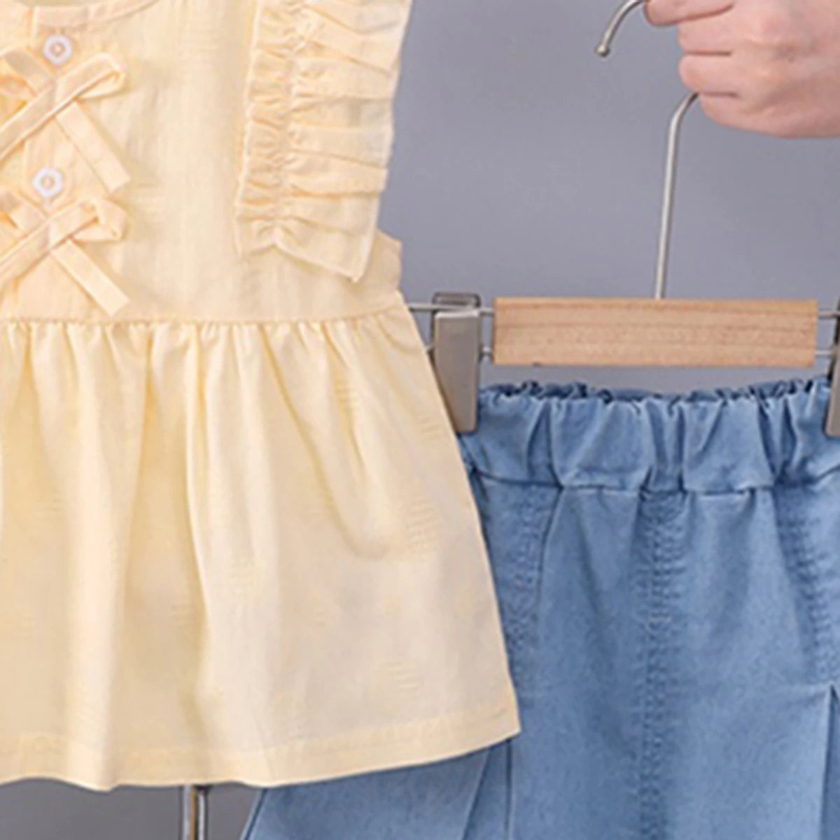 Girls Lime Yellow Self Design Top With Pleated Denim Shorts Set Sets