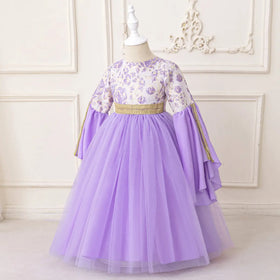 Girls Purple Floral Printed Fit & Flare Dress With Long Sleeves Casual Dresses