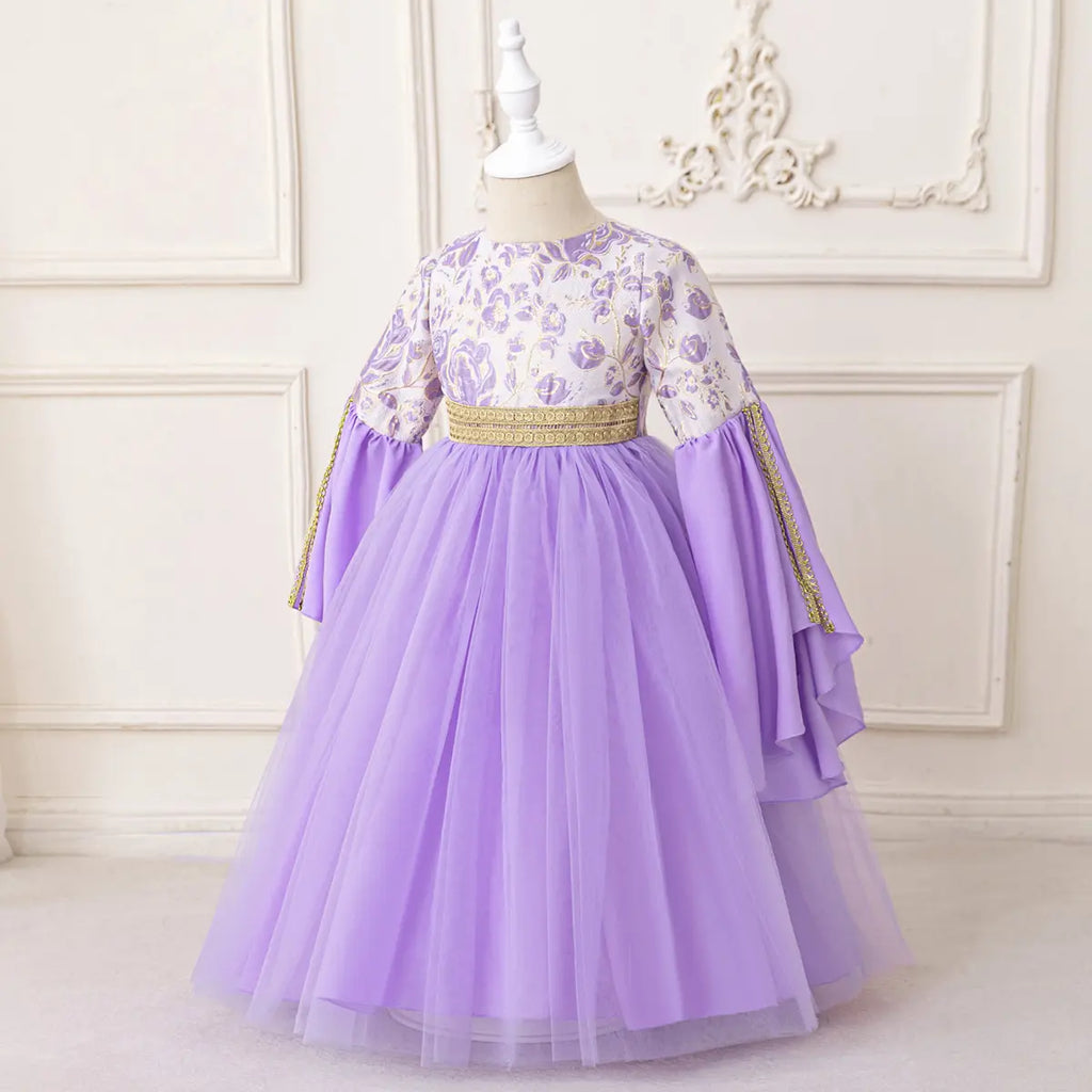 Girls Purple Floral Printed Fit & Flare Dress With Long Sleeves Casual Dresses