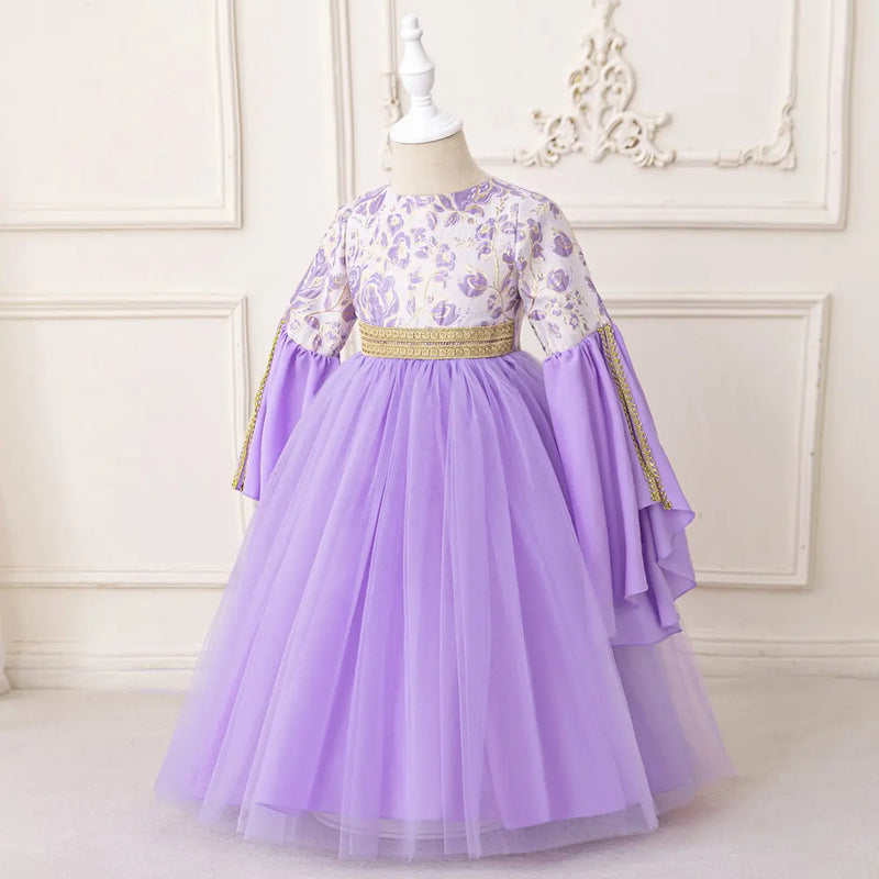 Girls Purple Floral Printed Fit & Flare Dress With Long Sleeves Casual Dresses