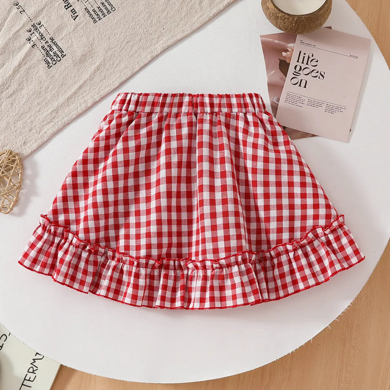 Girls Red Checked Eyelet Flutter Sleeve Top With Skirt Sets Sets