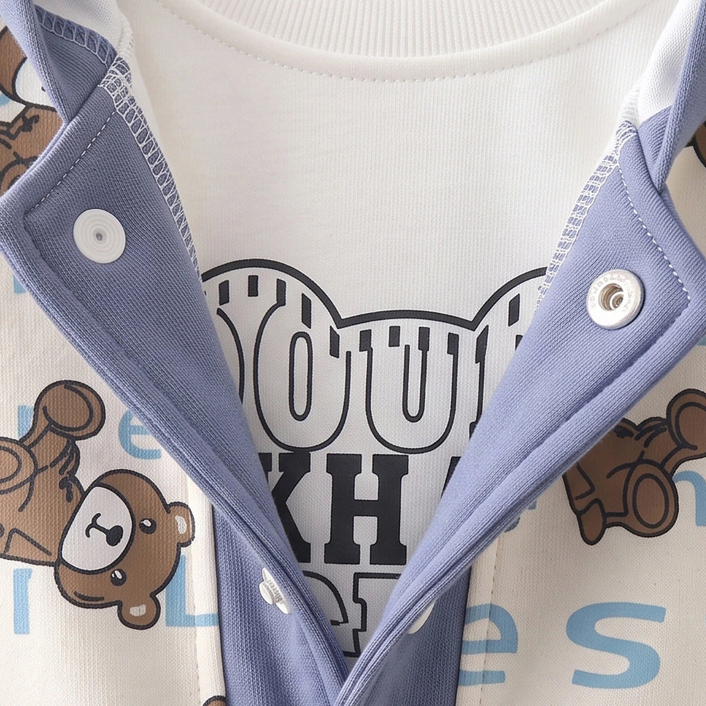 Boys Blue Typographic Hooded Jacket & T-Shirt With Denim Pants Sets Sets