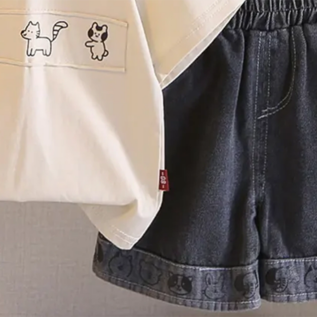 Boys Beige Animals Printed Short Sleeves T-Shirt With Denim Shorts Sets Sets