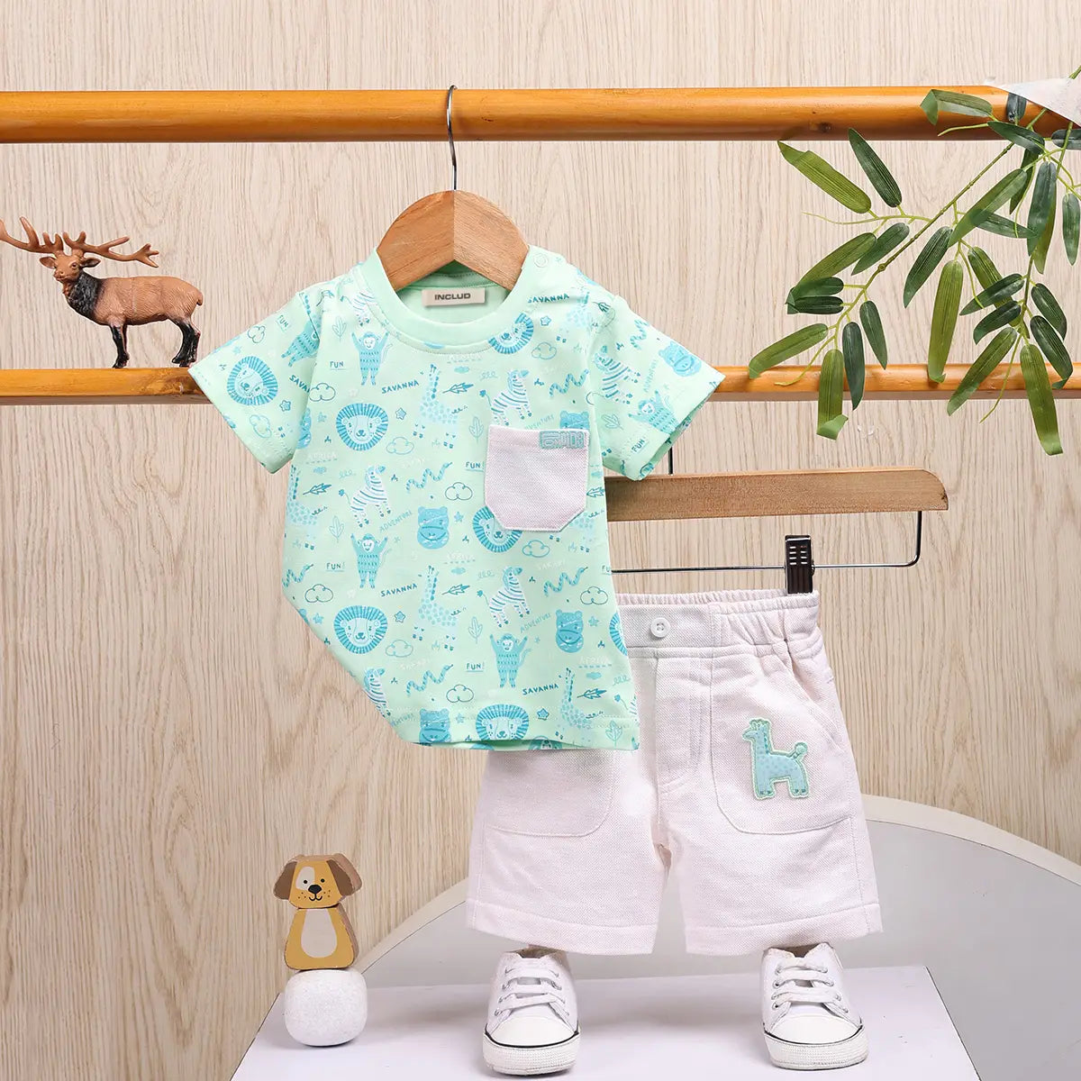 Boys Green Animal Printed T-Shirt With Elasticated Shorts Sets 2 pc. Sets Green 0-3 M