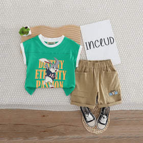 Boys Green Graphic Extended Shoulder T-Shirt With Shorts Set 2 pc. Sets