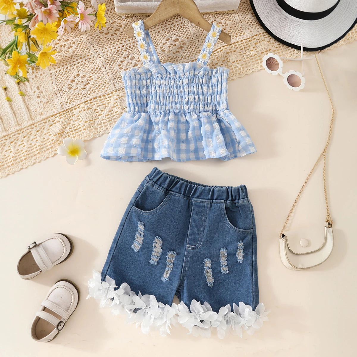 Girls Light Blue Checked Peplum Top With Distressed Denim Shorts Set Sets Light Blue 3-4 Y
