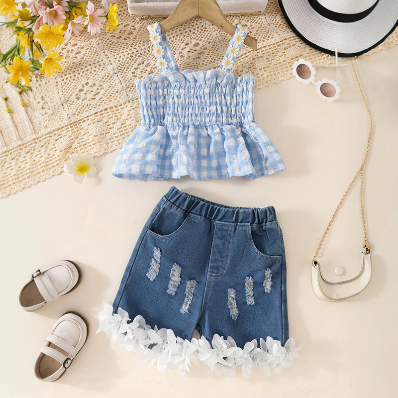 Girls Light Blue Checked Peplum Top With Distressed Denim Shorts Set Sets Light Blue 3-4 Y