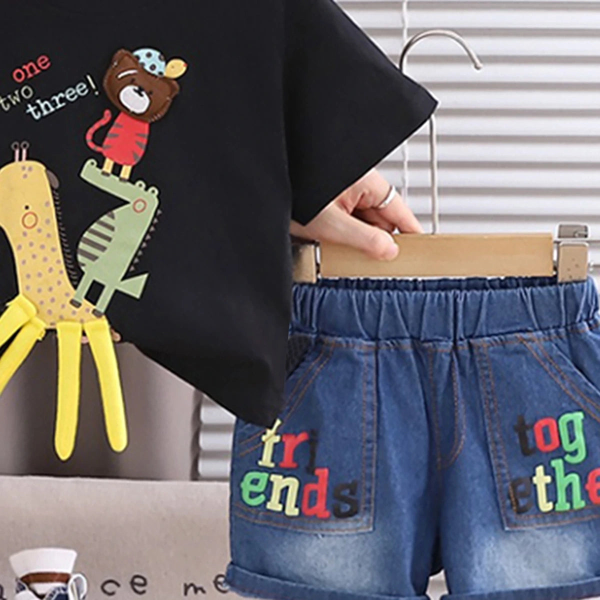 Boys Black Animal Applique Short Sleeve T-Shirt With Denim Shorts Sets 2 pc. Sets